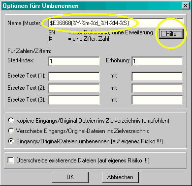 Optionsdialog für das Umbenennen in IrfanView