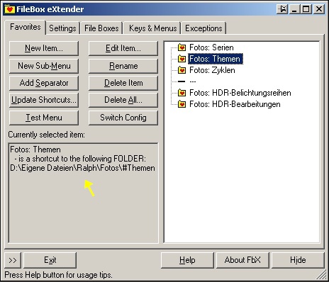 Das Konfigurations-Menü des 'FileBox eXtenders'