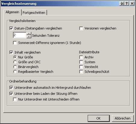 Optionseinstellungen für den Dateienvergleich