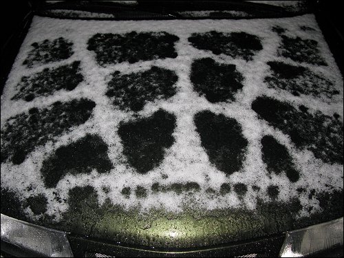 Der erste Schnee des Jahres auf den Motorhauben abgestellter Autos
