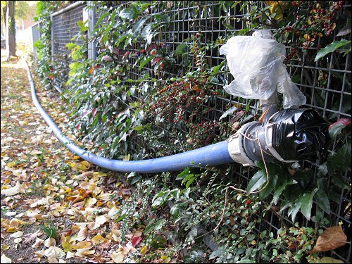 Ende der provisorischen Wasserleitung am Zaun des zonebattler'schen Schrebergartens