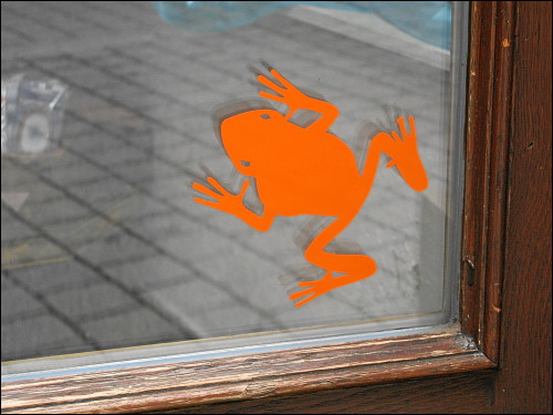 Frosch-Aufkleber an einer Ladentür in der Ludwig-Erhard-Straße