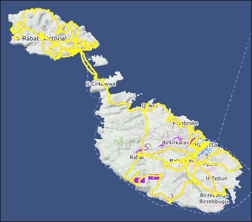 Übersichtskarte von Gozo und Malta mit den von uns zurückgelegten Wegen