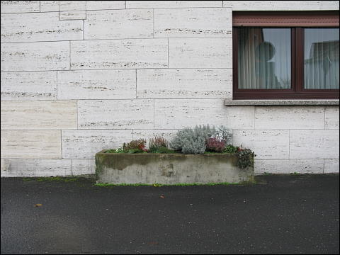 Pflanzentrog vor plattenverkleideter Hausfassade (Markt Erlbach)