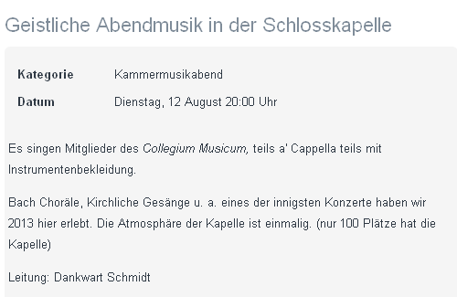 Auszug aus dem diesjährigen Konzertprogramm der Sommerakademie des »Collegium Musicum« in Pommersfelden