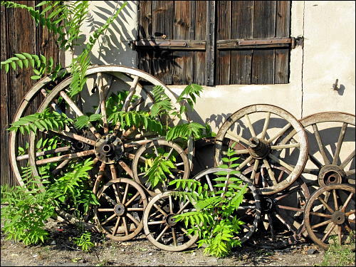 Sammlung alter Wagenräder im Fürther Niemandsland