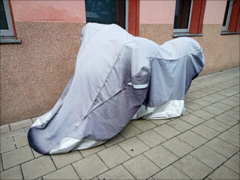 dösender Elefant, sich als verhüllten Motorroller verkleidet habend